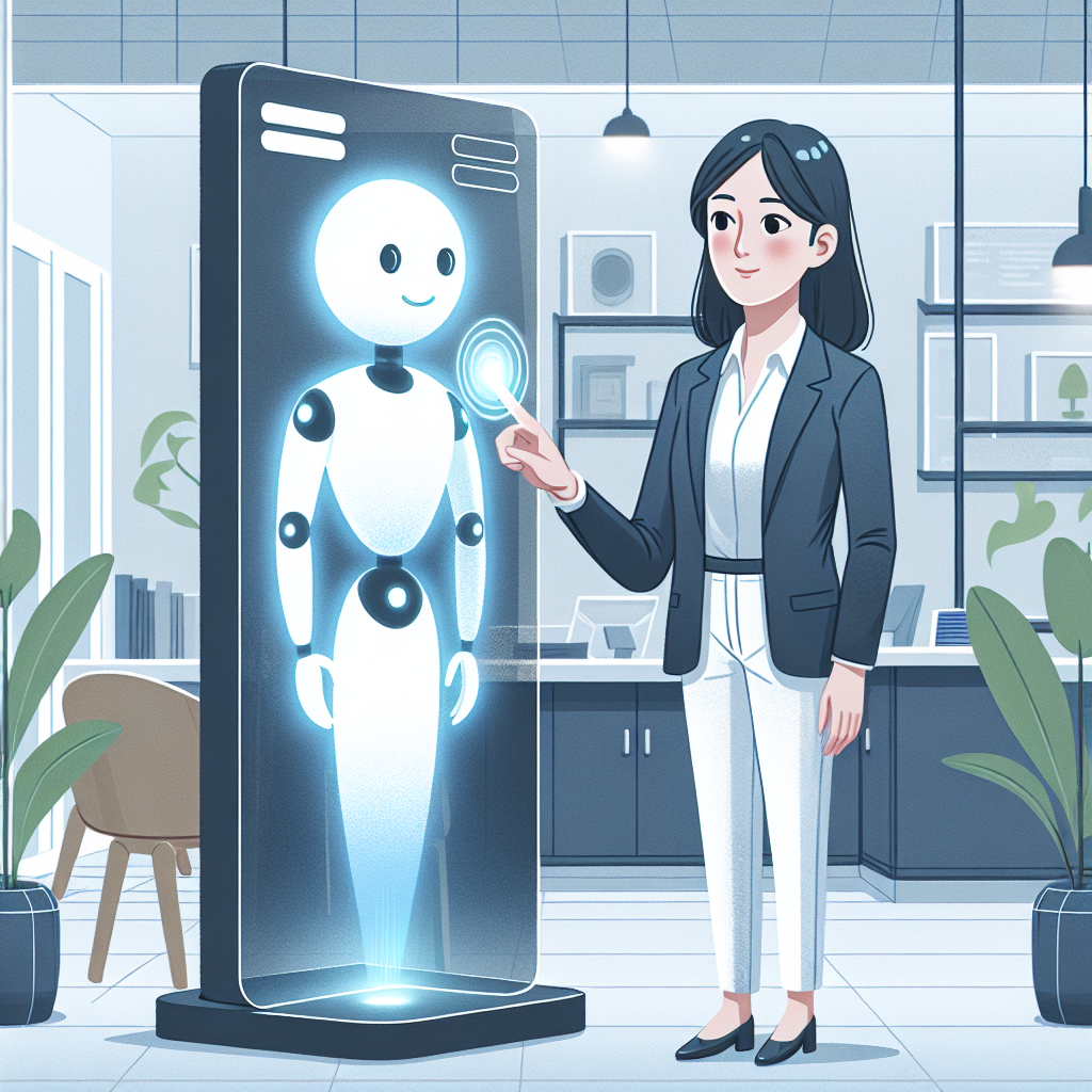 Image of a small business owner interacting with an AI receptionist interface.