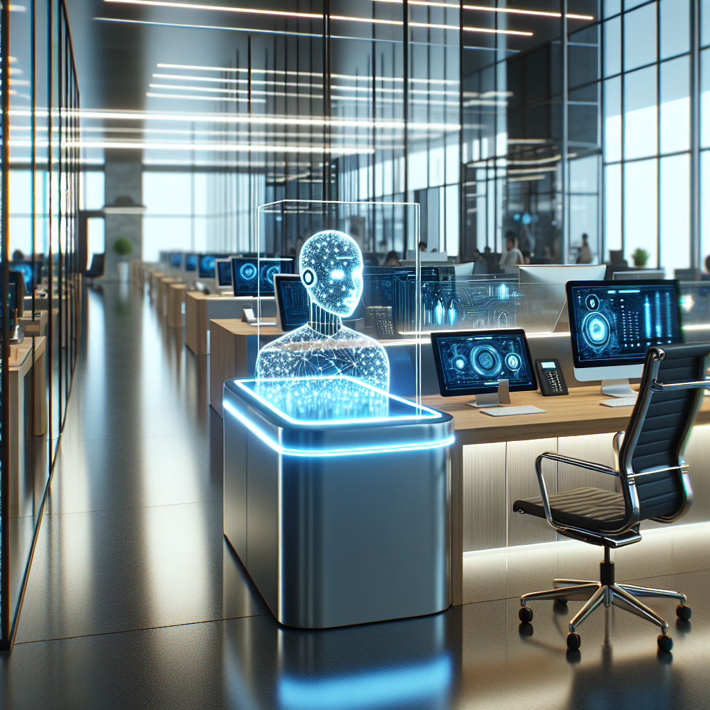 A modern office setting with an AI receptionist interface displayed on a tablet.