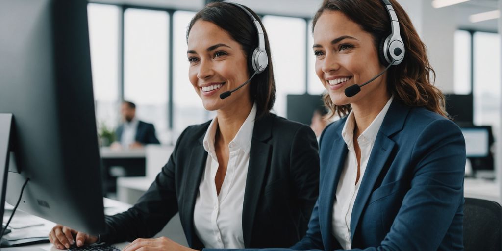 Virtual receptionist with headset in modern office