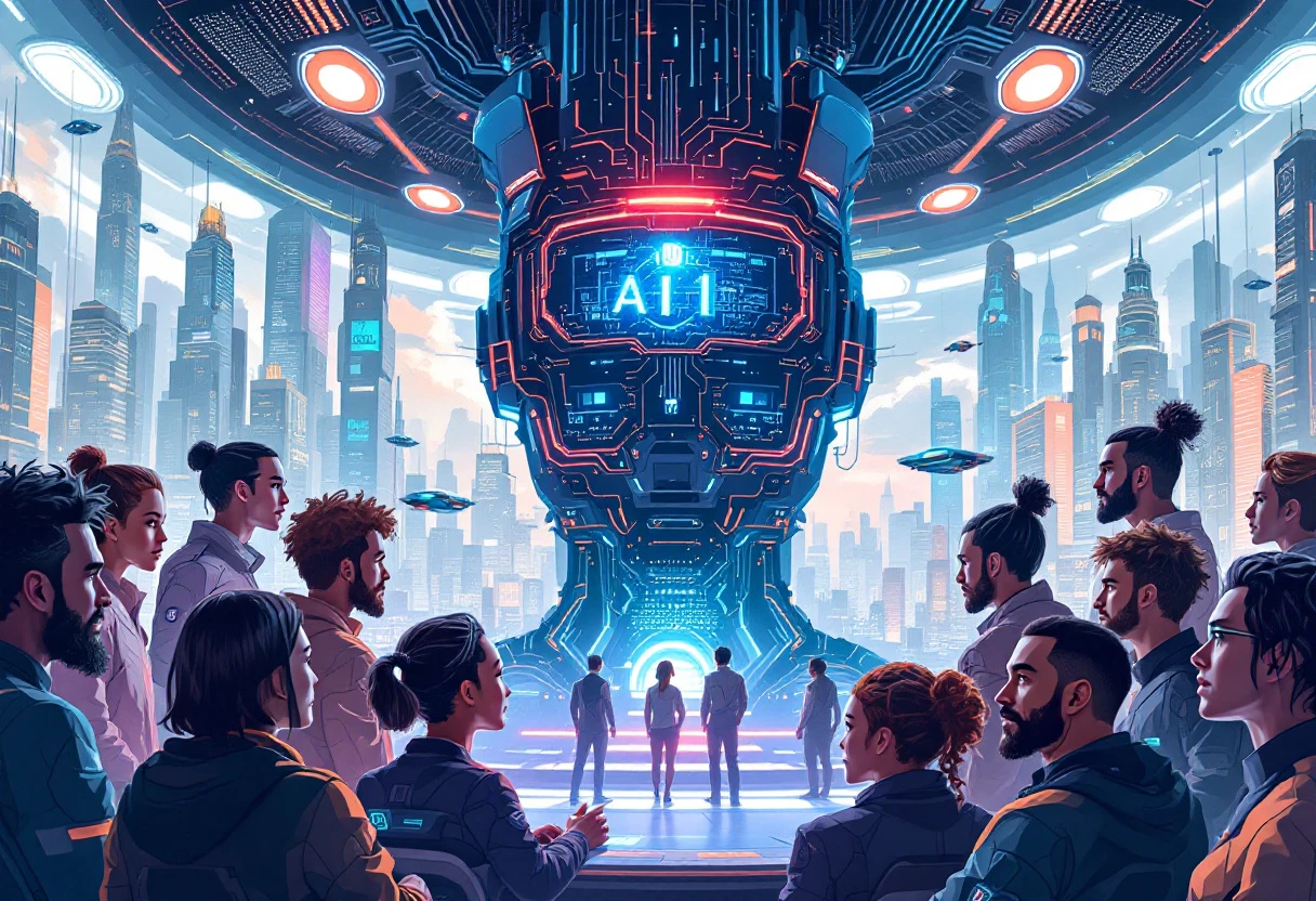 A dynamic illustration showing individuals engaged in an AI training program, emphasizing diversity and high-tech interaction.