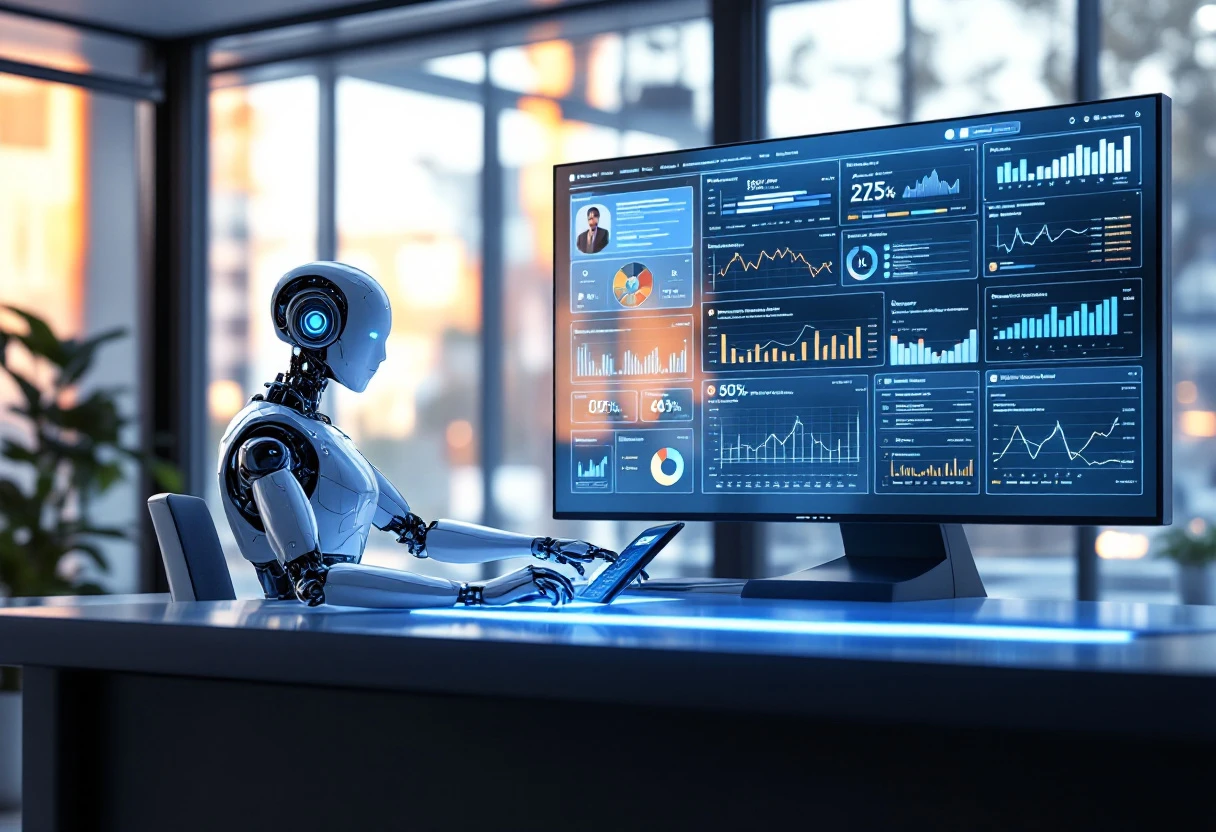 An engaging visual depicting a busy office environment with an AI reception system seamlessly managing multiple calls and analytics.