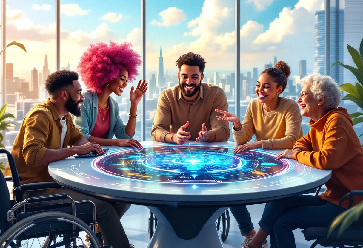A vibrant image of a diverse team smiling while engaging with an AI-powered interface, showcasing seamless human-AI interaction in a modern office.
