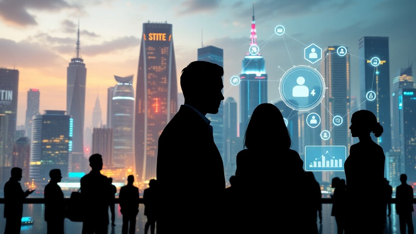 AI virtual receptionist facilitating live transfers in a futuristic setting.