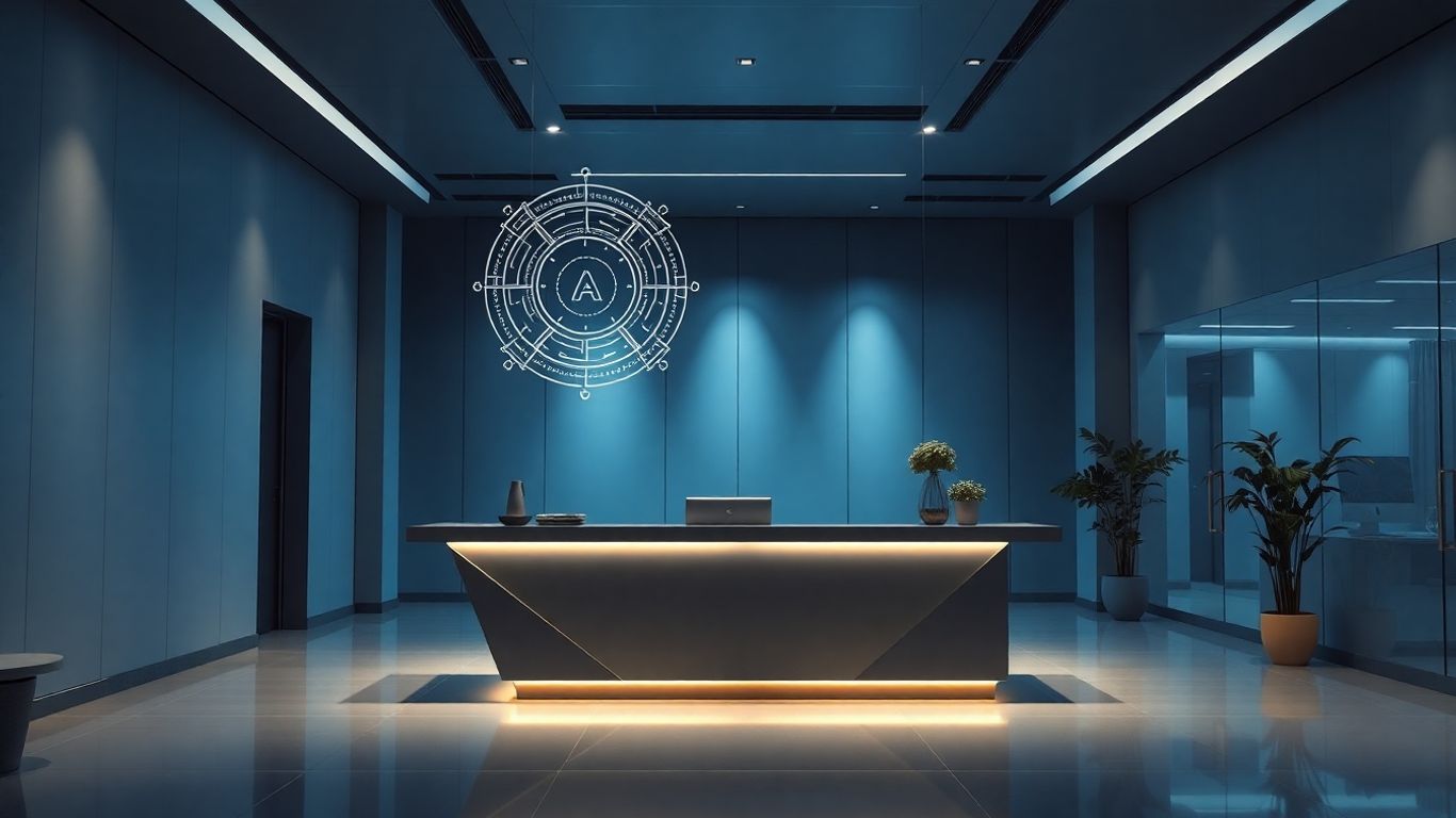 AI virtual receptionist interface in a modern office lobby.