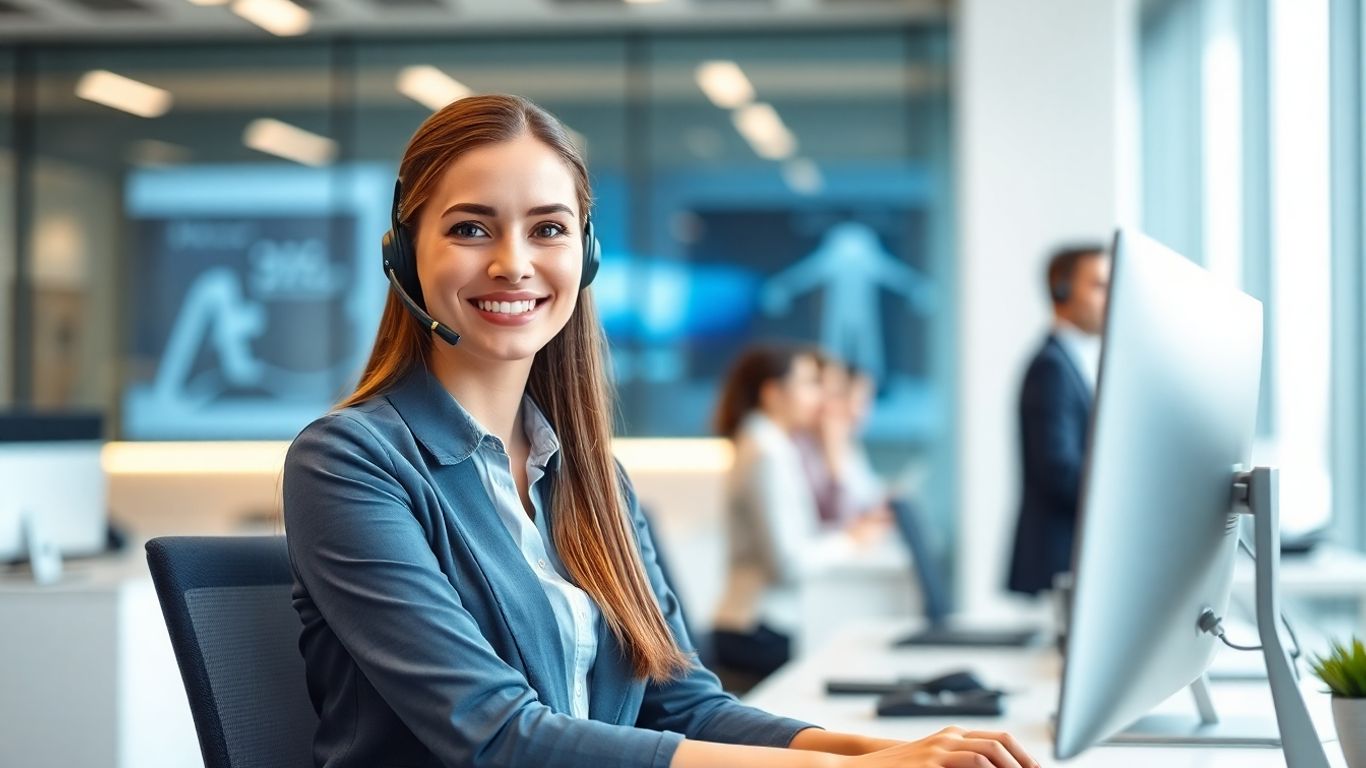 Smiling virtual receptionist with headset in modern office.