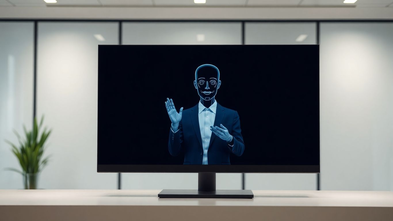AI virtual receptionist avatar on screen in office