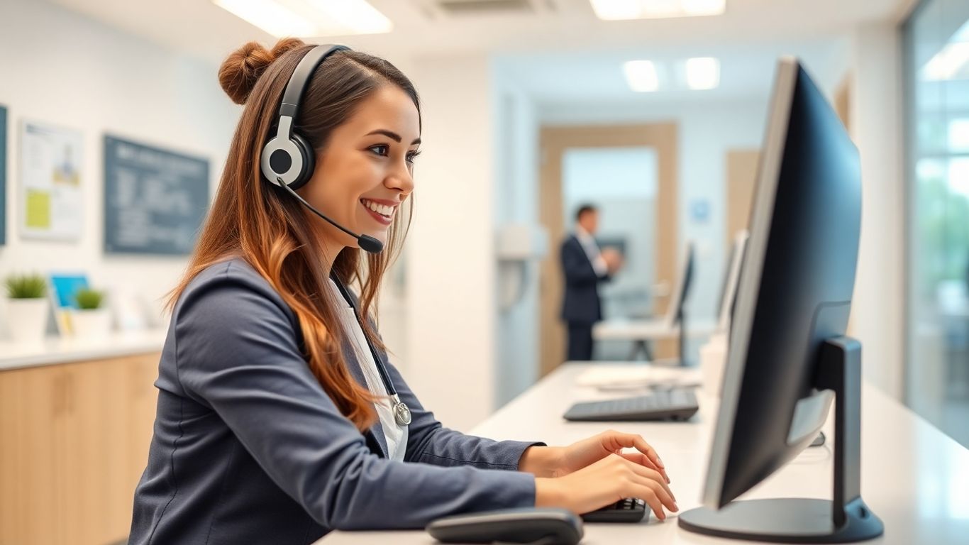 Medical receptionist answering patient call in modern clinic