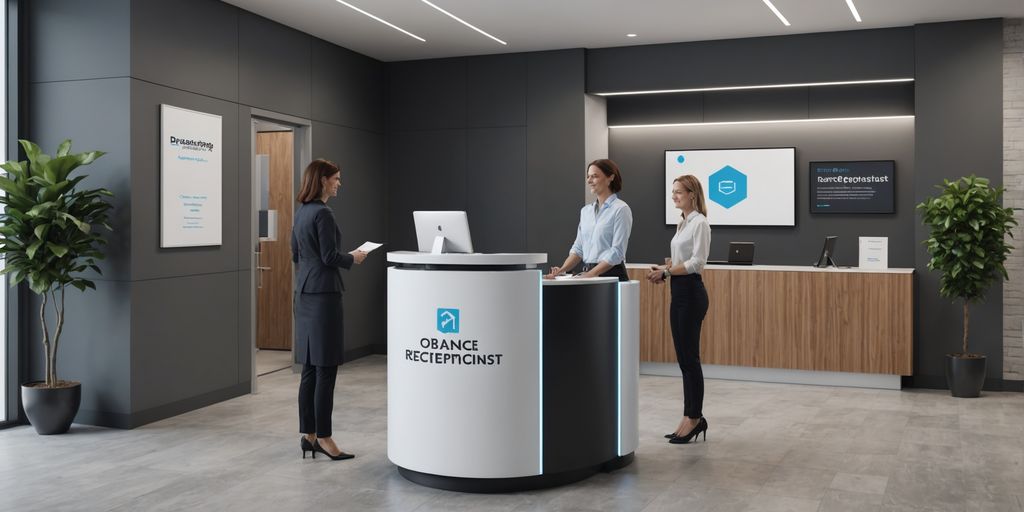 AI kiosk and human receptionist in office