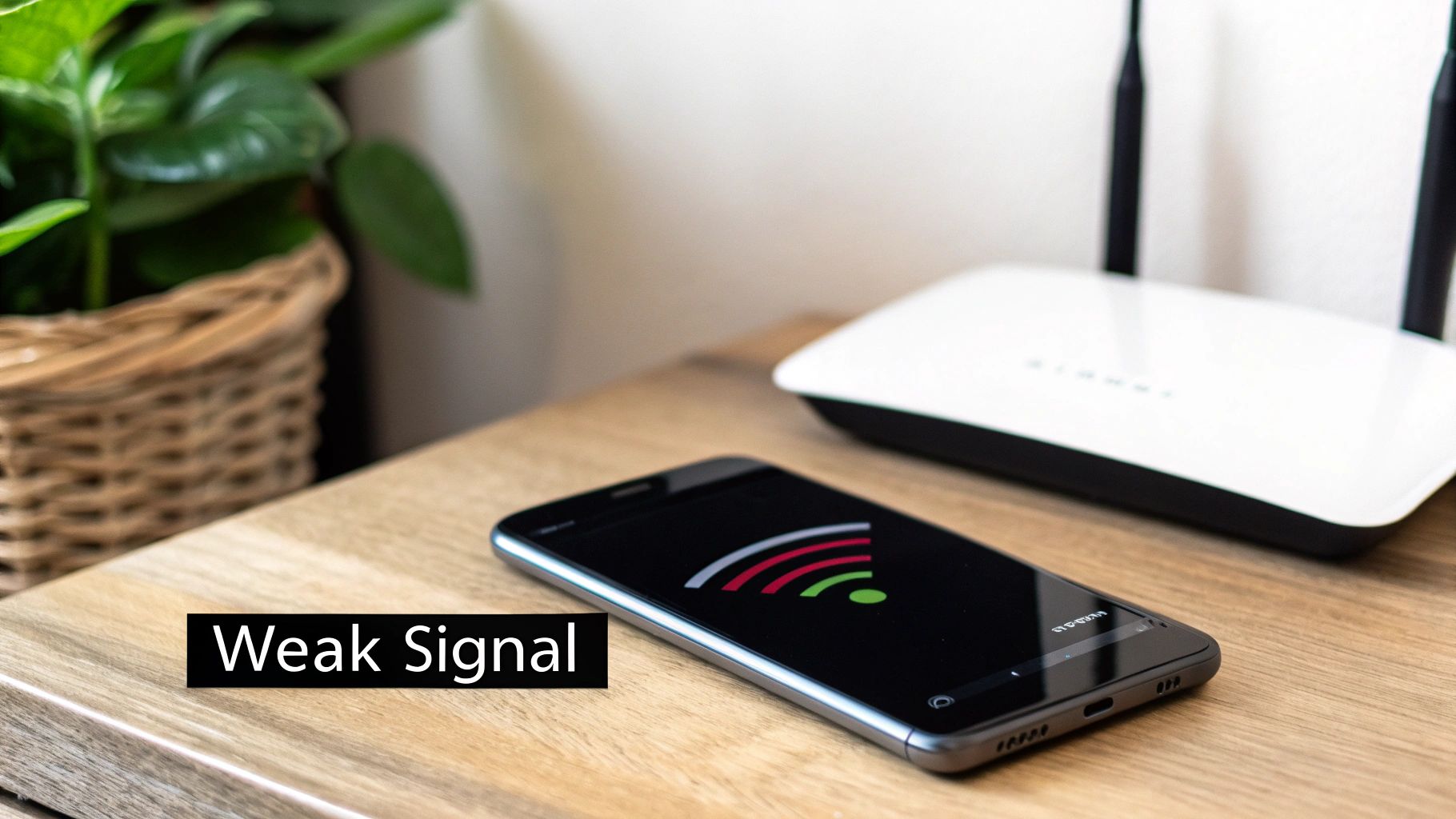 A person checking their phone for a signal, with faint signal bars visible in the corner of the screen.