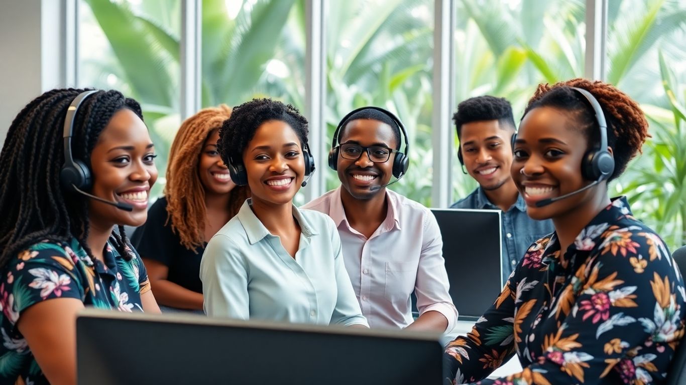 Jamaican call center team working in modern office