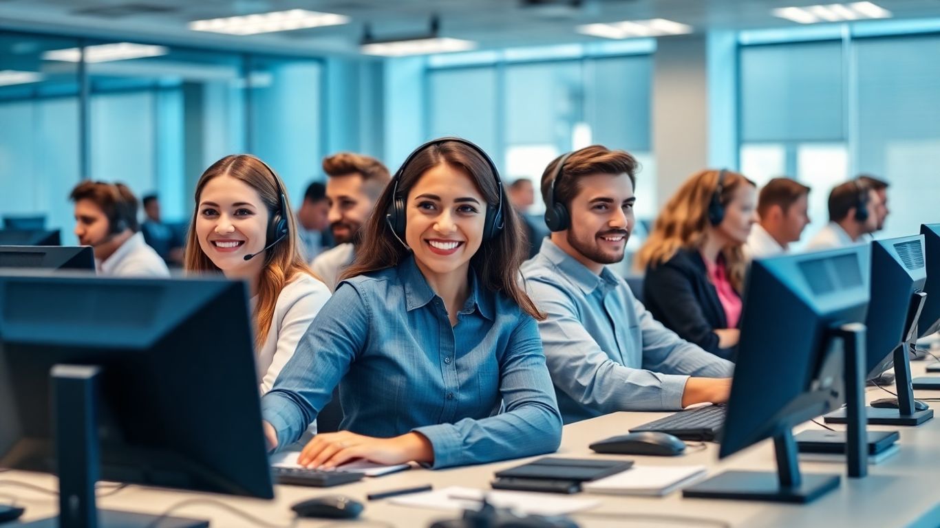 Smiling American call center representatives talking on headsets
