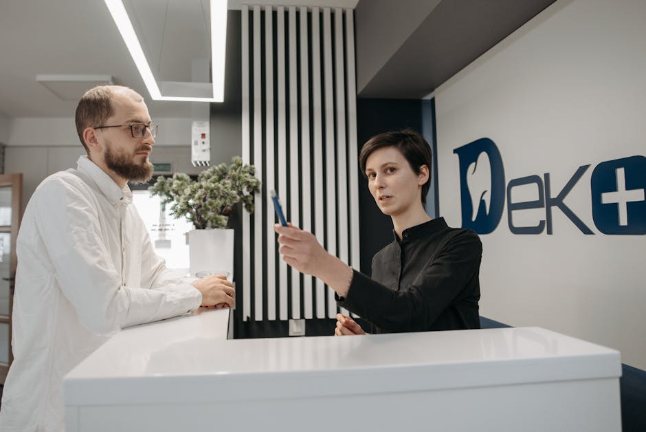 A modern office environment featuring a welcoming AI receptionist interface on a sleek touchscreen, engaging with customers while providing information efficiently.
