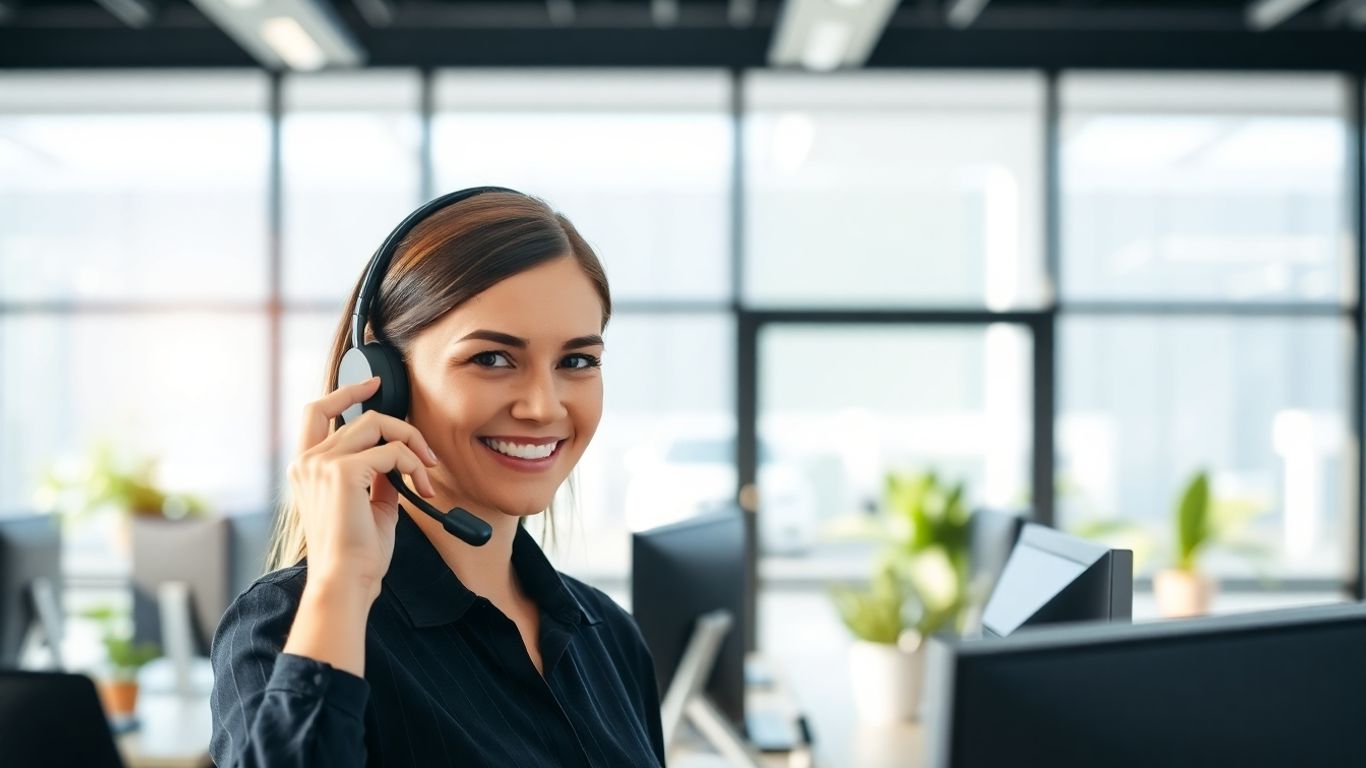 Receptionist answering phone in modern office setting