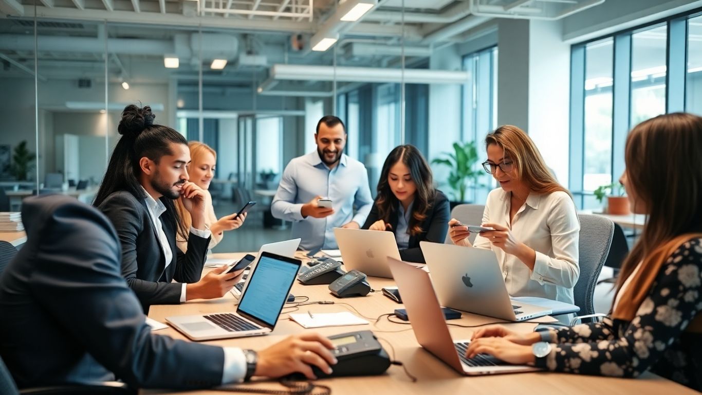 Office team integrates communication tools in bright workspace