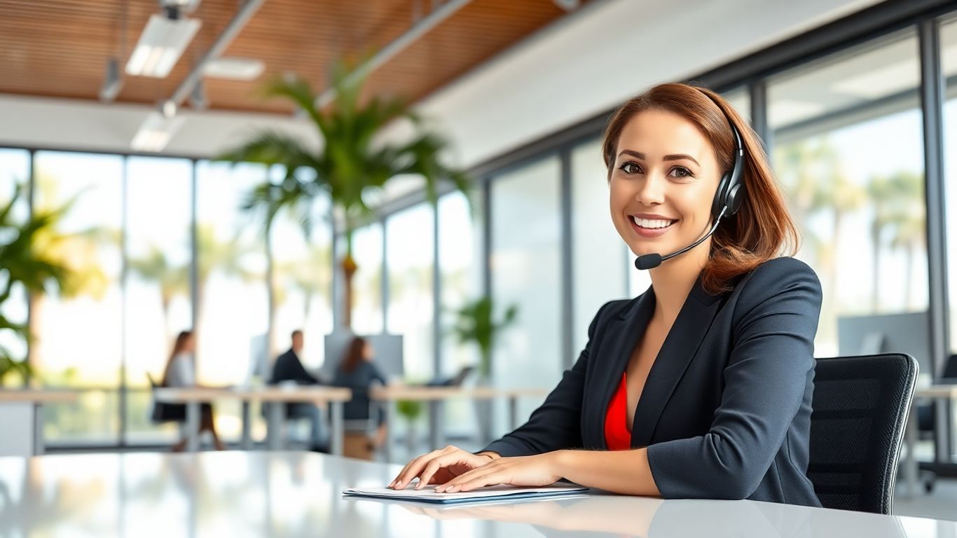Receptionist with headset in modern Boca Raton office