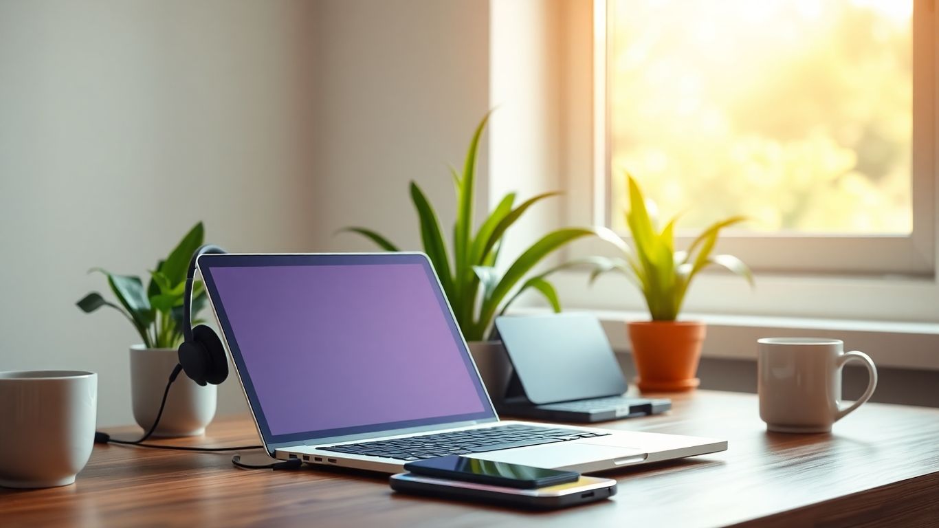 Modern office desk with laptop, headset, and coffee cup