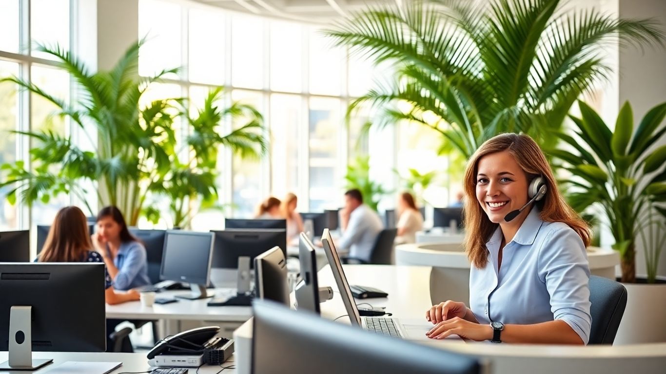 Bradenton receptionist answering phones in modern sunny office