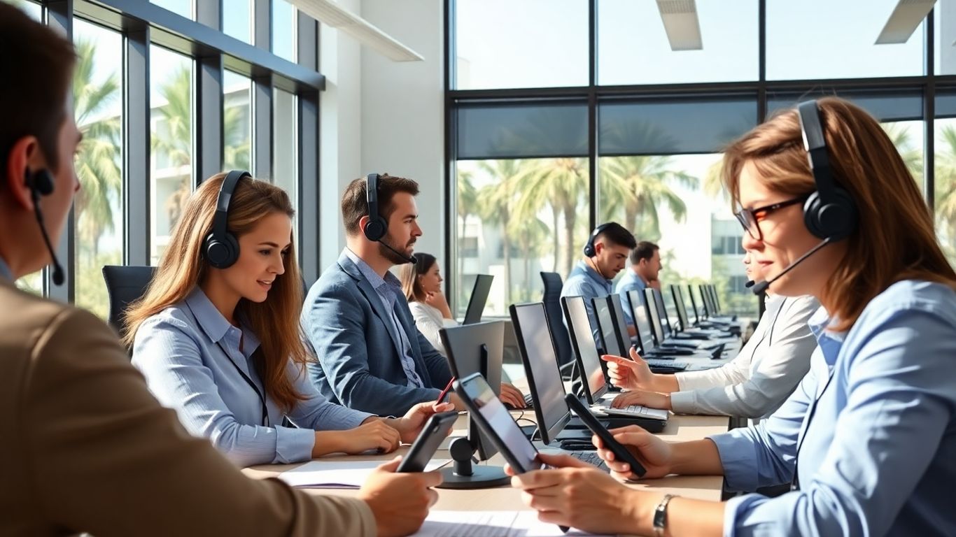 Office staff in Bradenton using smartphones and headsets