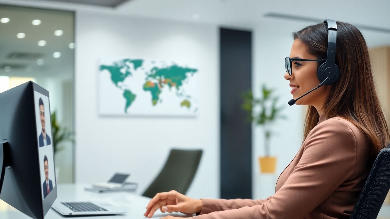 Virtual receptionist assisting diverse clients in office
