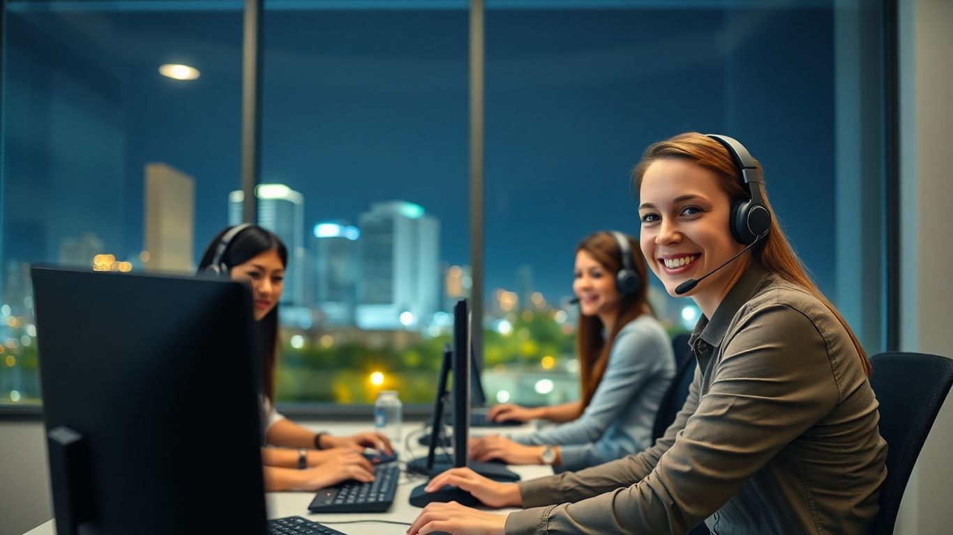 Customer service agents in a modern night office