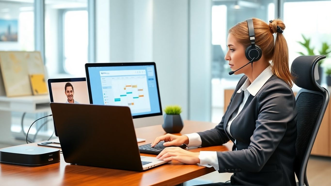 Virtual receptionist using laptop with scheduling and CRM tools
