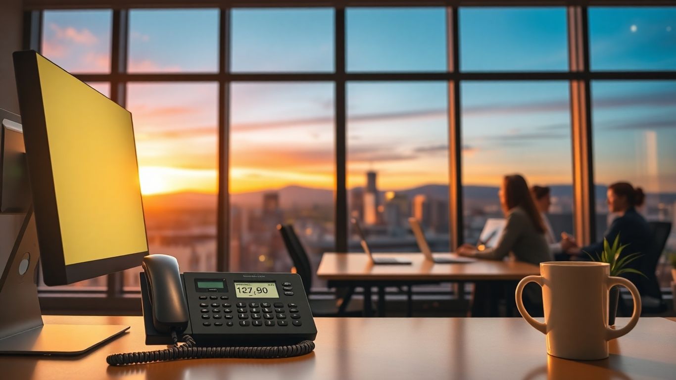 Office with phone and Colorado Springs city view