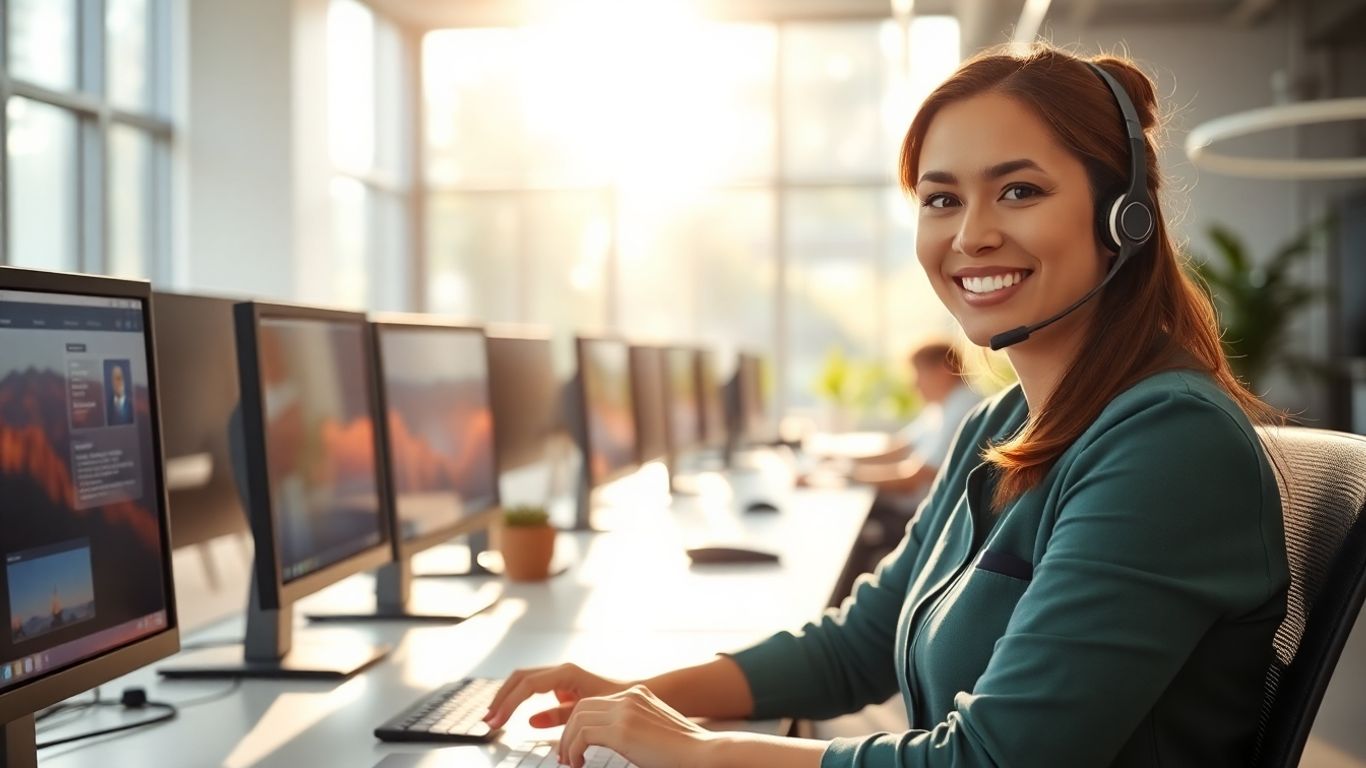 Businesswoman with headset assisting in modern office setting.