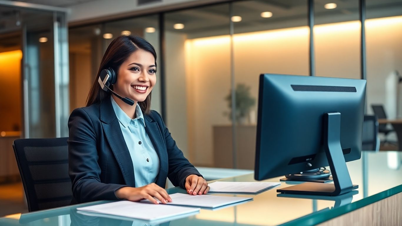 Professional receptionist answering phone in modern Decatur office