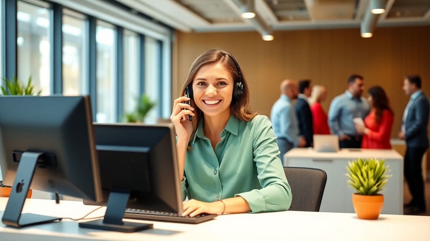 Receptionist taking a call in a modern office