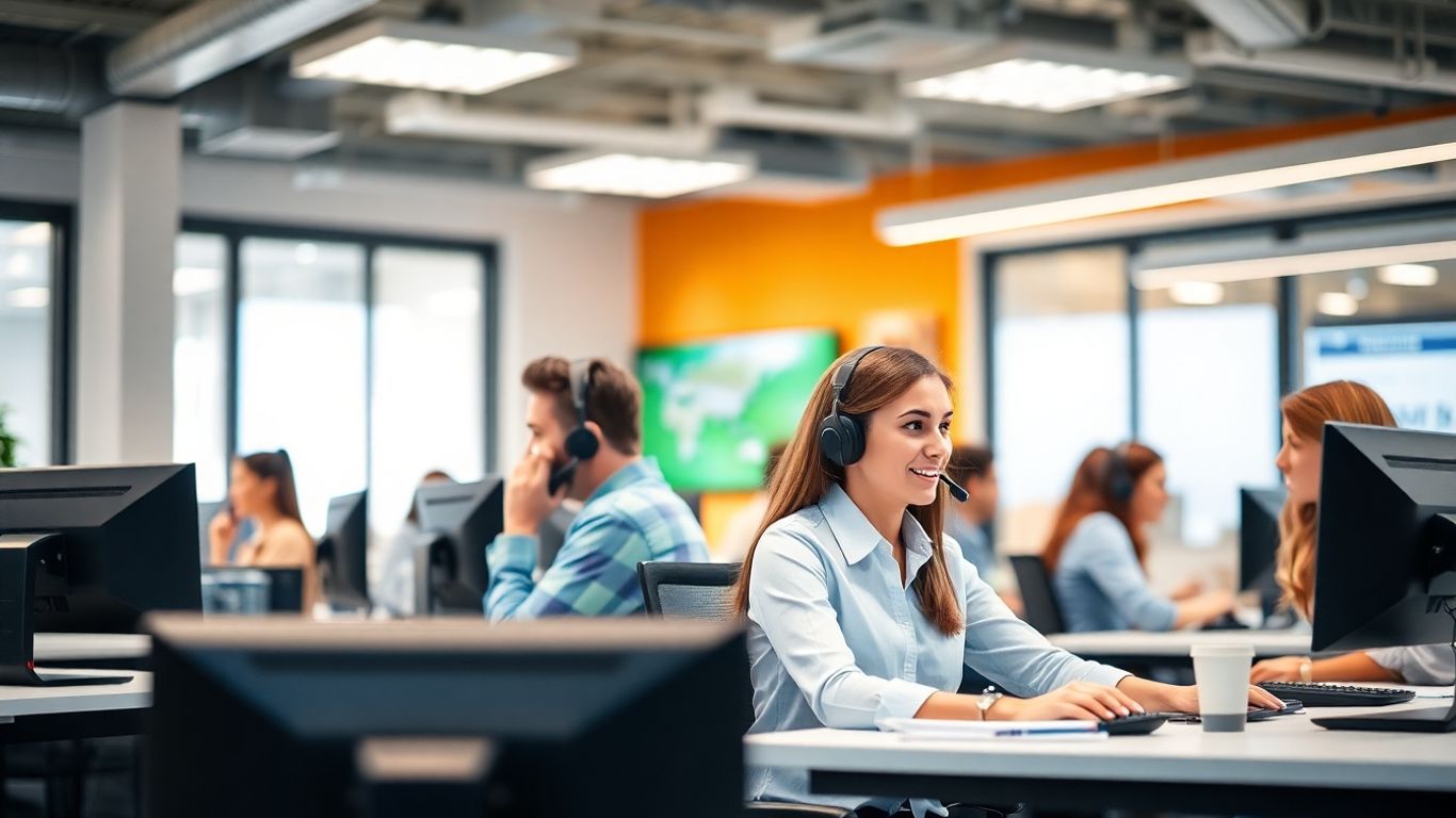 Customer support agents working in a modern office.