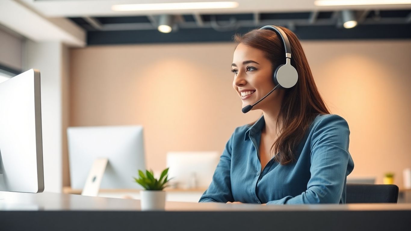Virtual receptionist working at sleek office desk