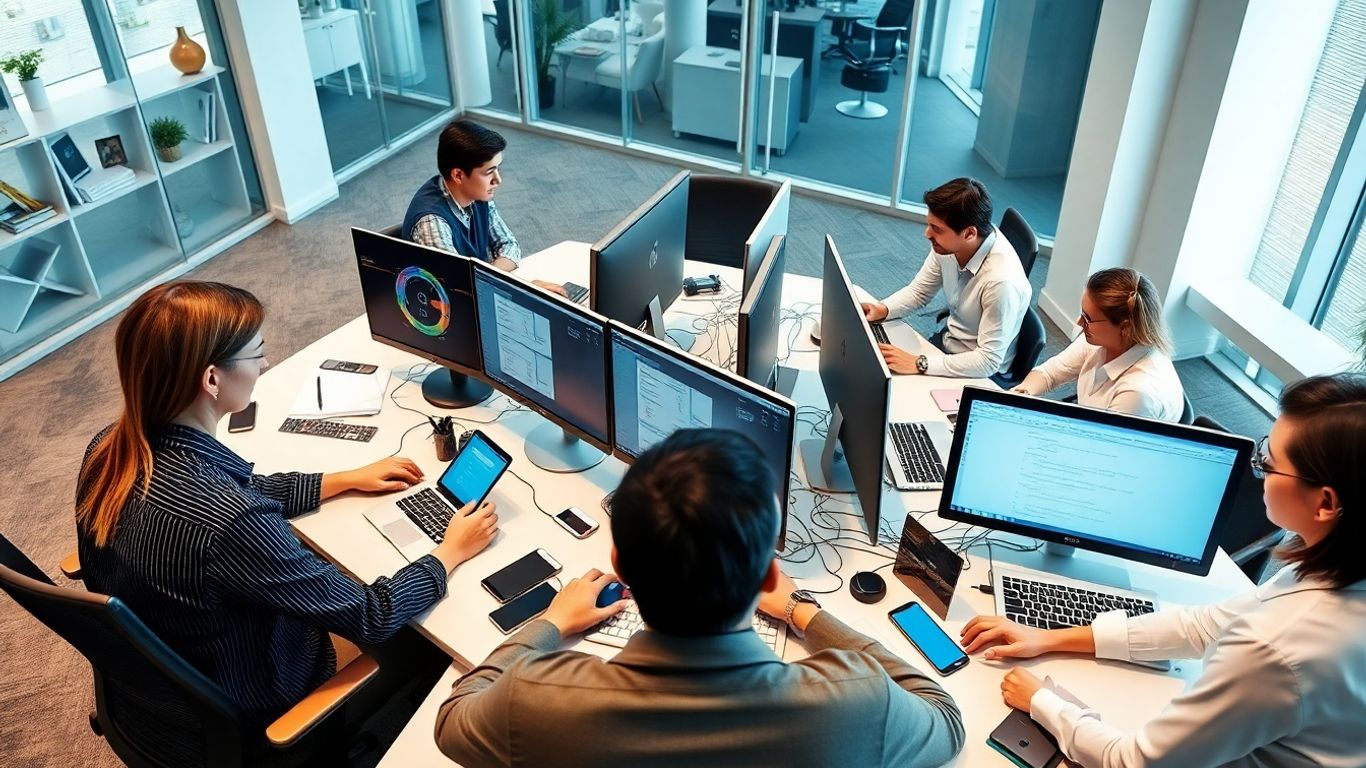 Team using synced devices in modern office workspace