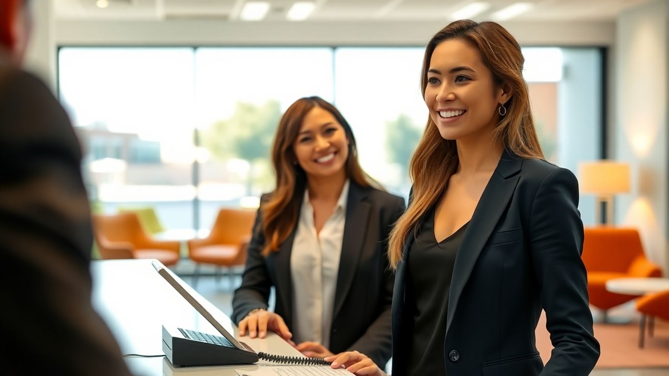 Receptionist greeting client in modern Fresno office
