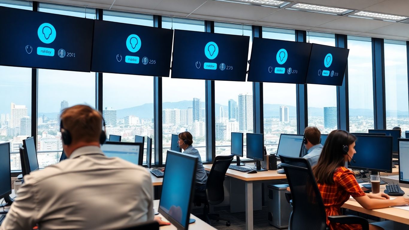 Modern call center office with Glendale city view