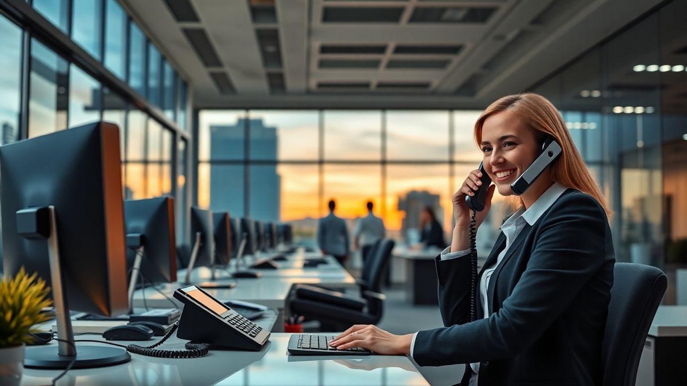 Receptionist taking phone call in busy office after hours