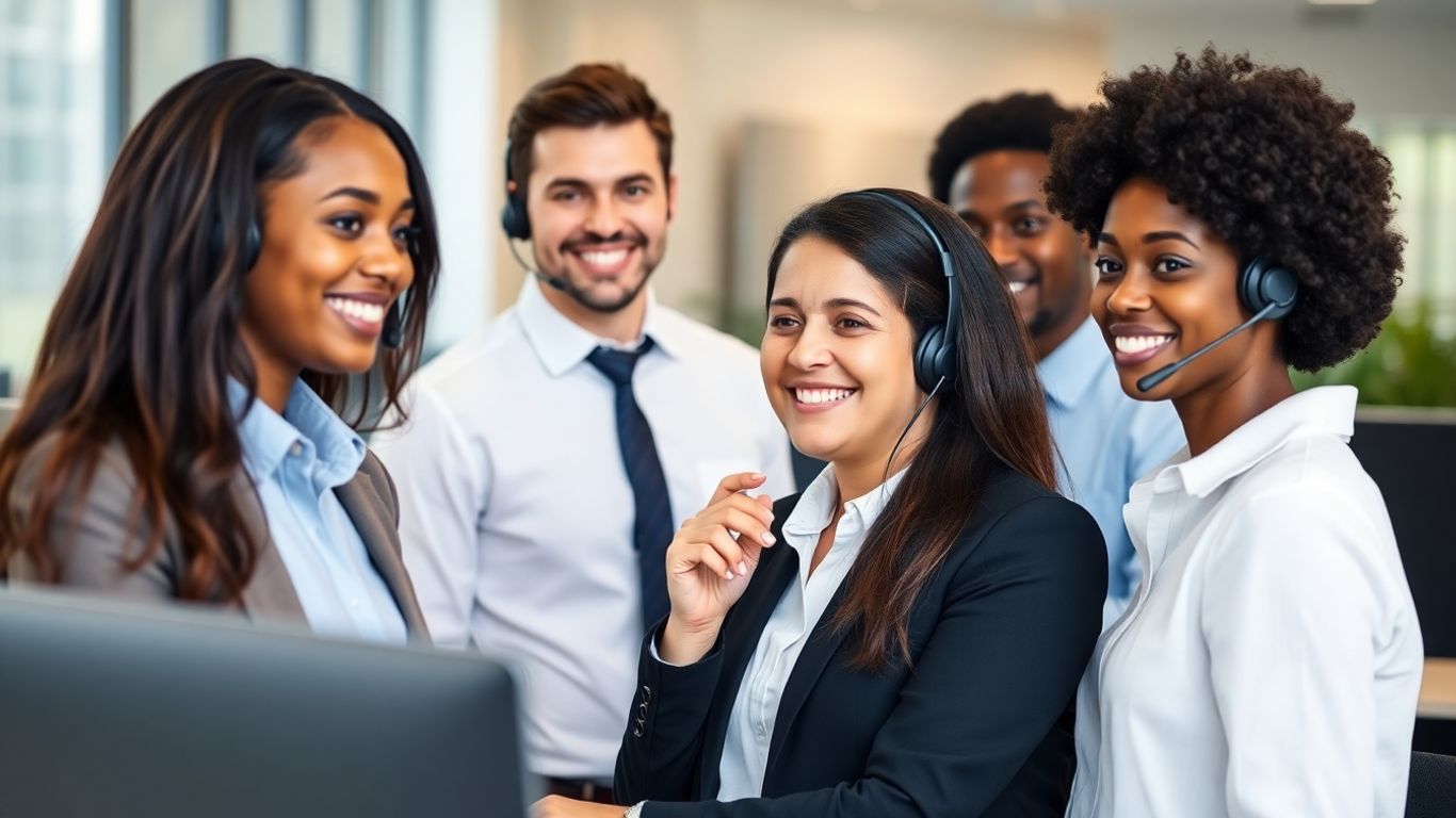 Business team using headsets in modern office