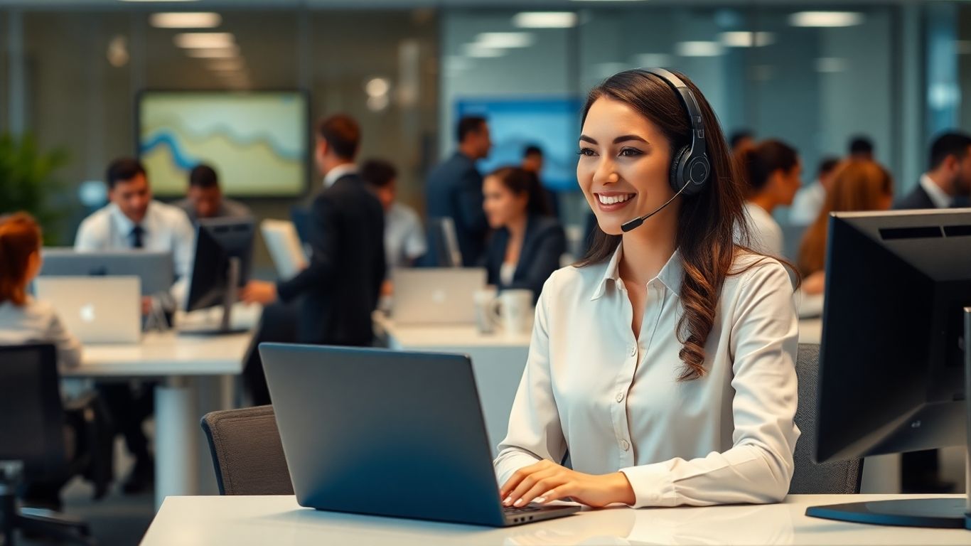 Receptionist answering calls in modern business office