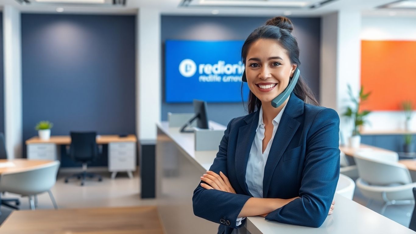 Receptionist answering phone in modern office environment