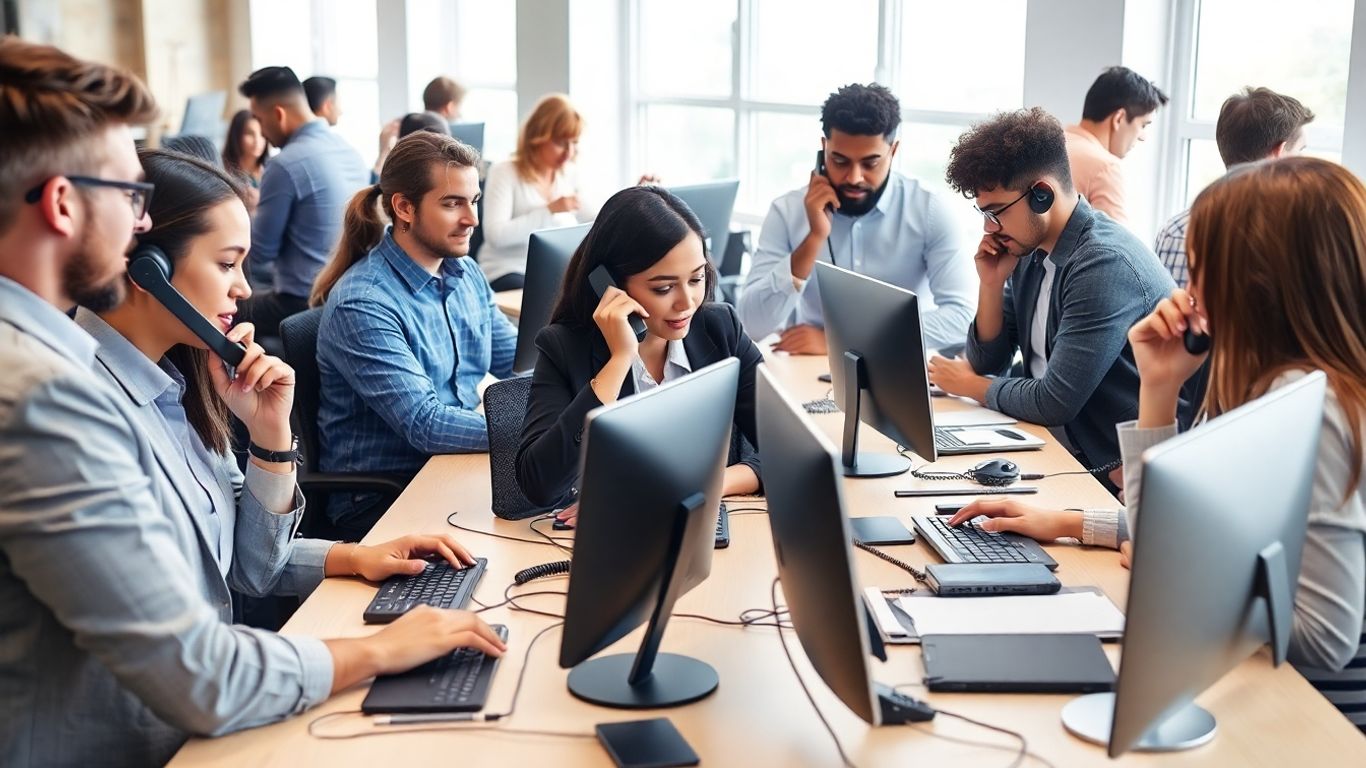 Professionals answering phones in a modern busy office