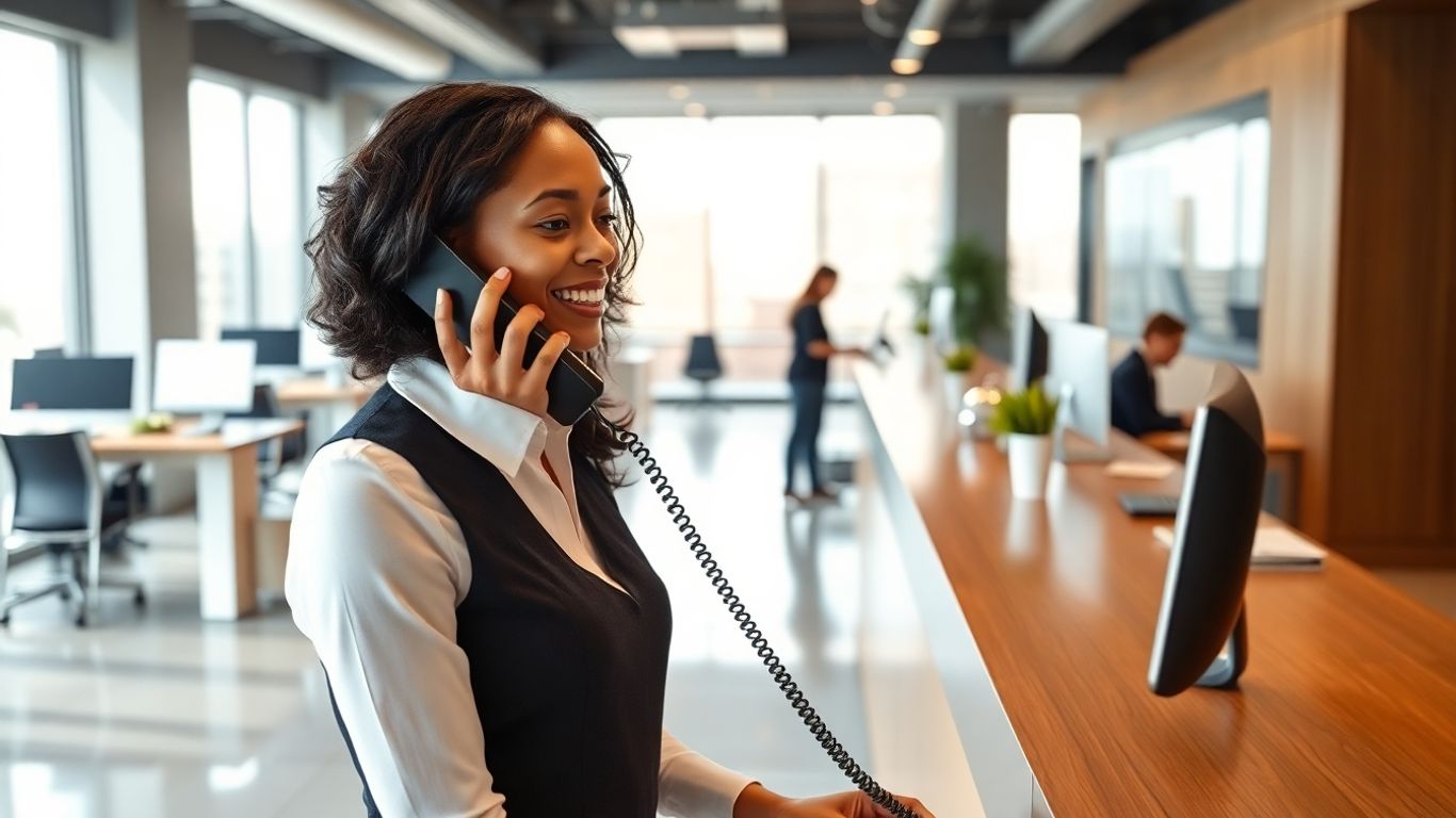 Professional receptionist answering phone in modern office setting.