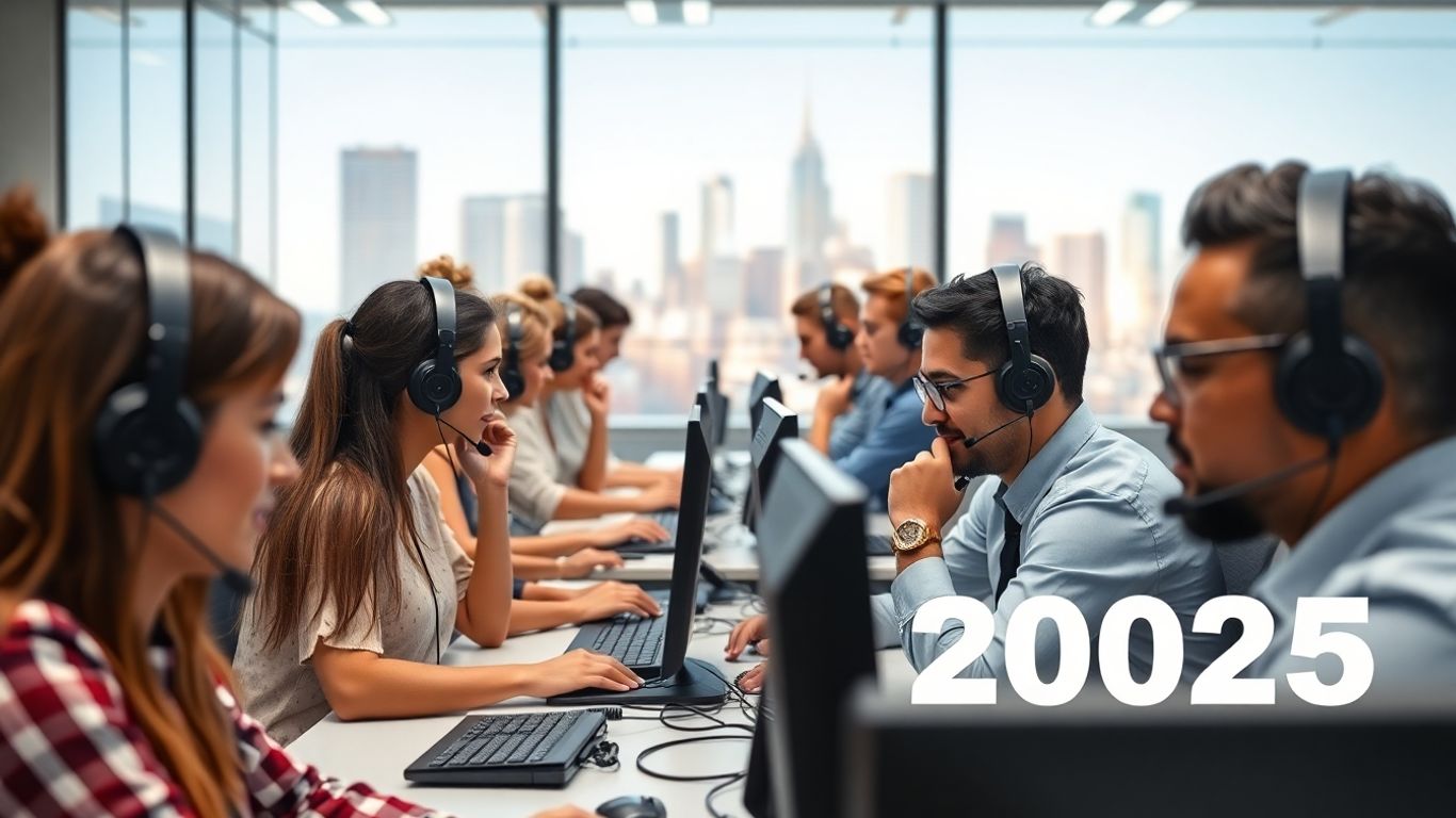 Call center agents with headsets managing multiple calls