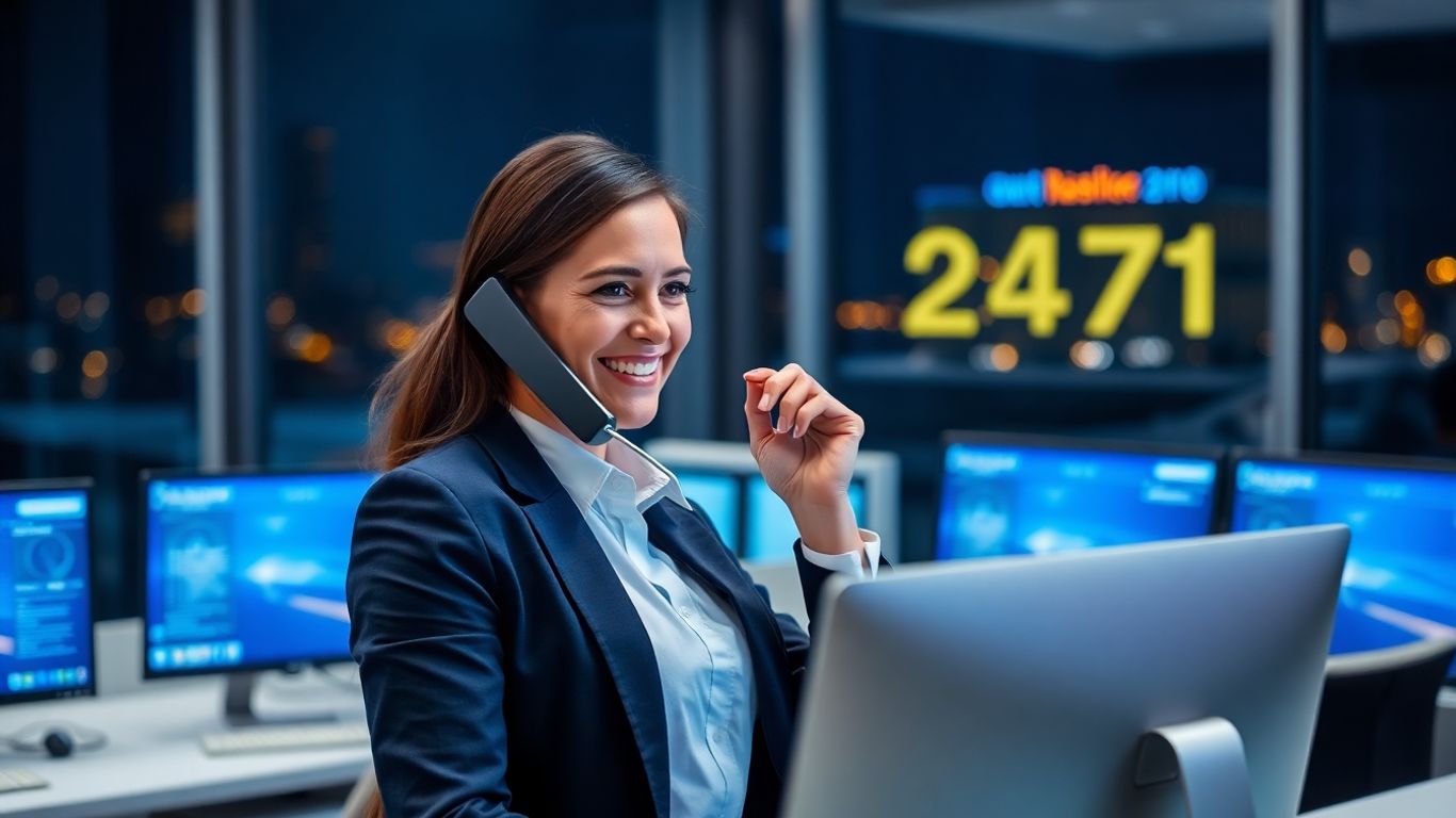 Receptionist answering business call in modern office at night