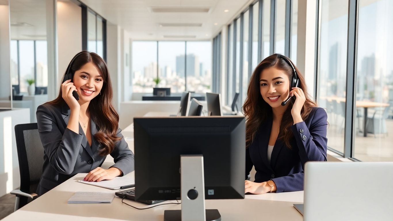 Office receptionists taking calls with Long Beach skyline
