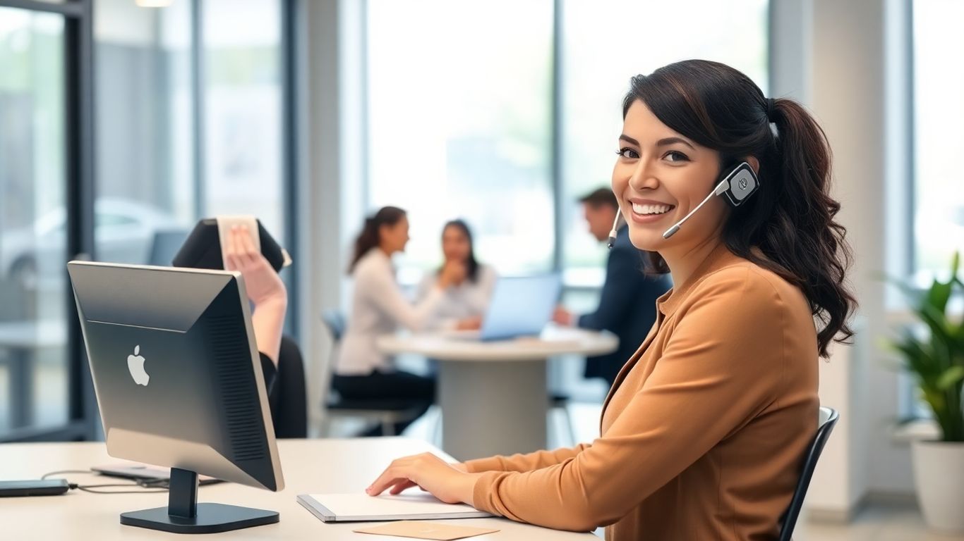 Friendly receptionist answering phone in modern business office