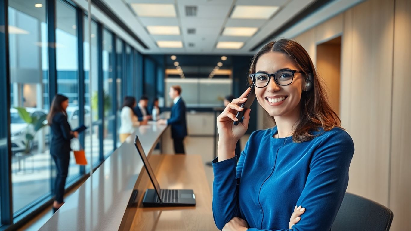 Receptionist answering call in modern business office