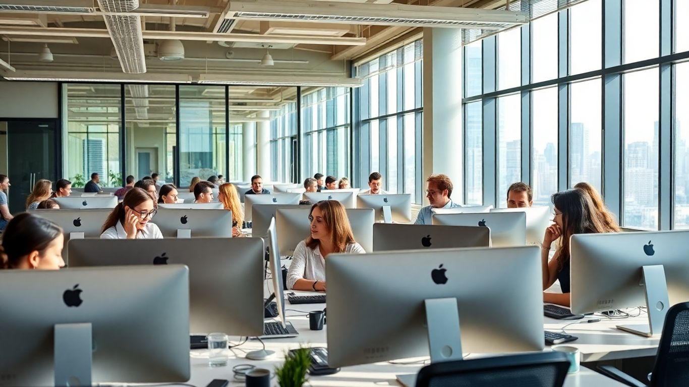 Melbourne office workers answering business calls near city windows