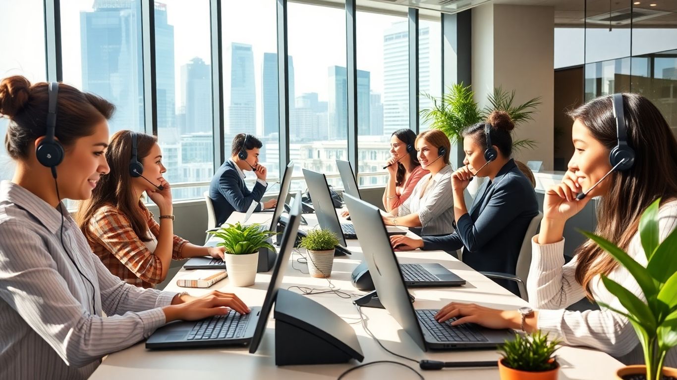 Professionals with headsets in modern Melbourne office workspace