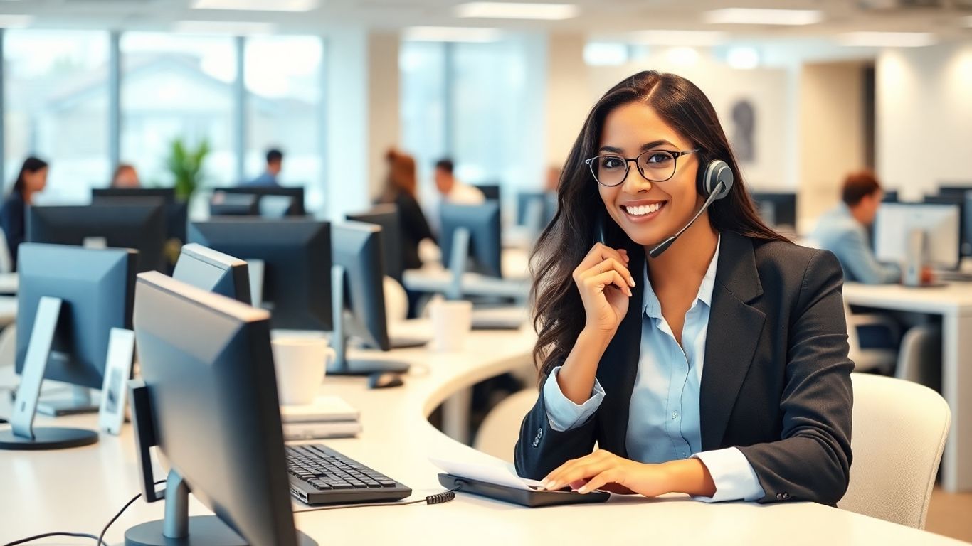 Receptionist answering business phone in busy modern office