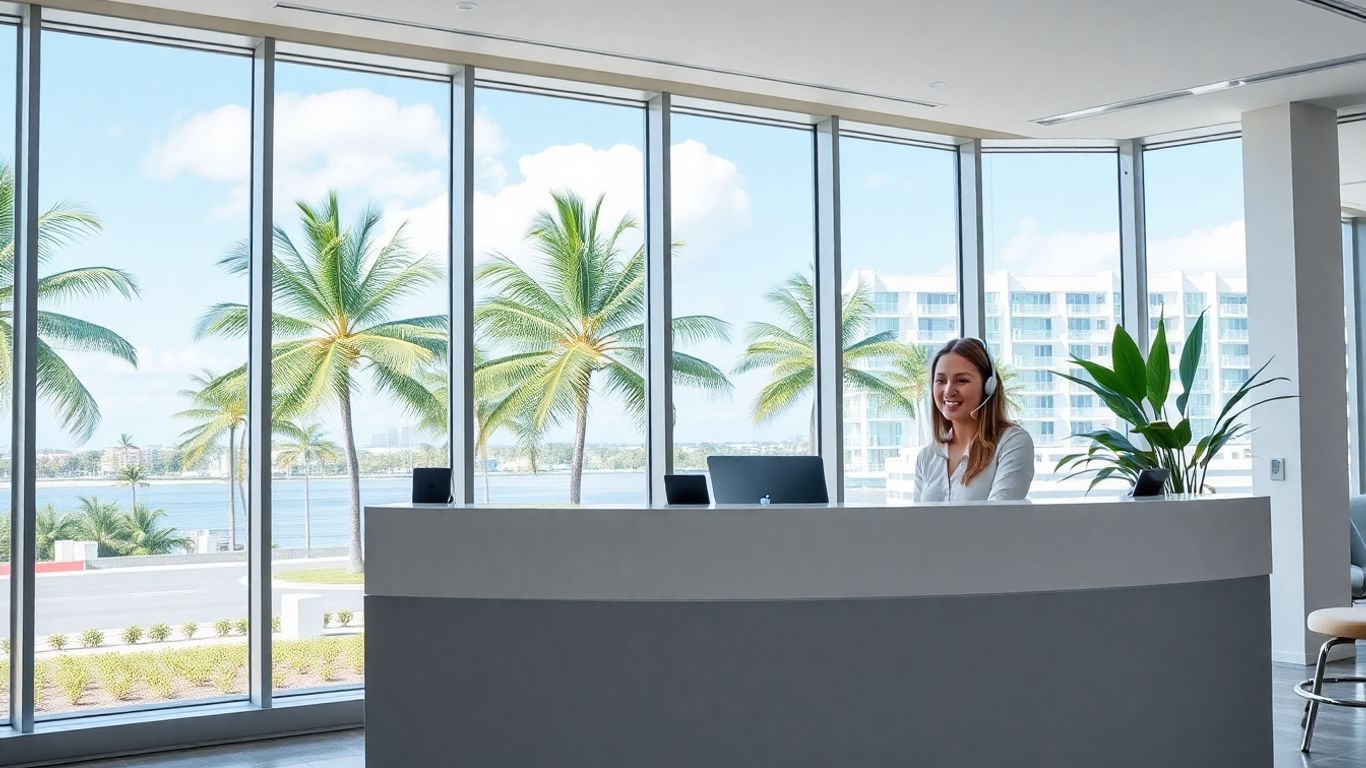 Receptionist with headset in modern Miami office