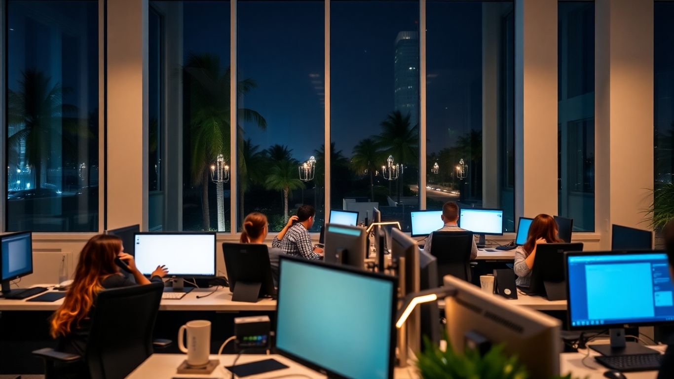 Office workers answering phones at night in Miami Gardens.